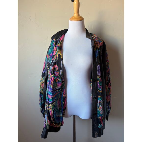 VTG 80s Judith Anne Creations Leather Bat Sleeve Floral Sequin Bomber Jacket - Picture 4 of 14